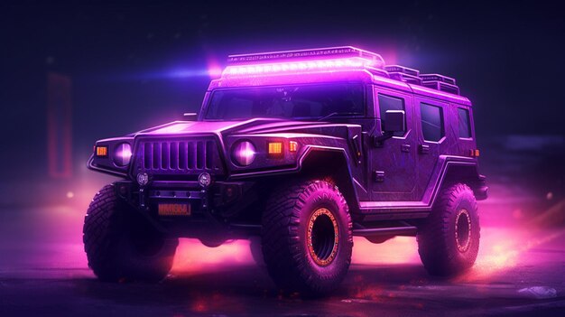 Un coche Hummer púrpura con luces de neón en la parte superior