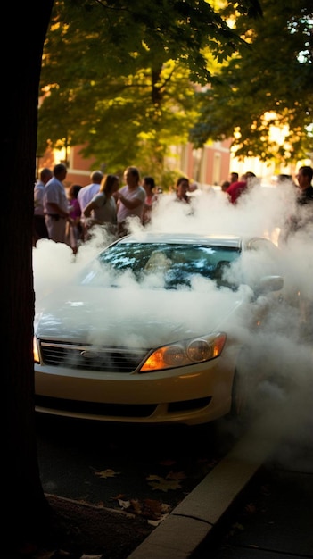 un coche con humo saliendo de él en una calle de la ciudad