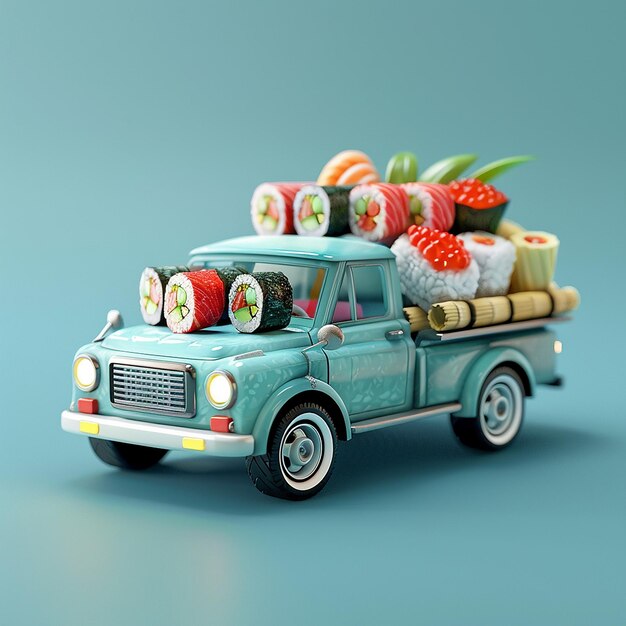 Foto un coche de juguete con frutas y verduras en la parte superior