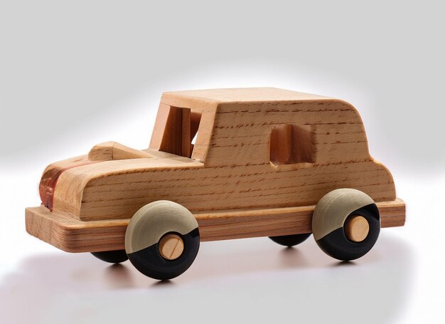 Foto coche de juguete de madera sobre fondo blanco ai generativo