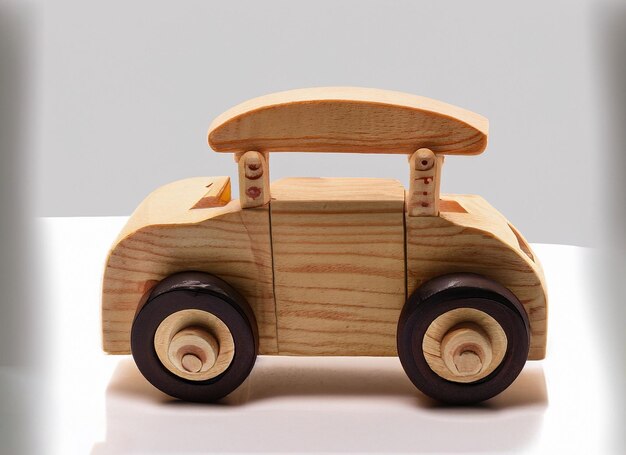 Coche de juguete de madera sobre fondo blanco ai generativo
