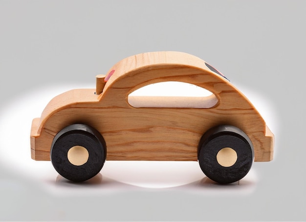 Coche de juguete de madera sobre fondo blanco ai generativo