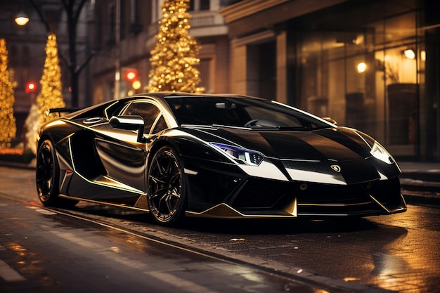 Foto coche lamborghini con un concepto navideño con un fondo urbano.