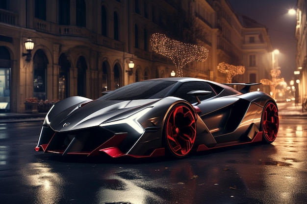 Coche lamborghini con un concepto navideño con un fondo urbano.