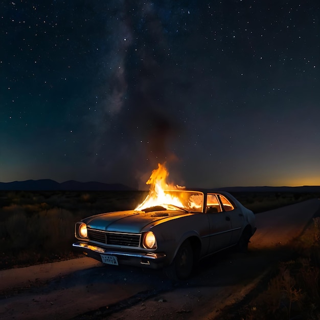 un coche en llamas abandonado en una carretera abandonada en el medio de generado por la IA