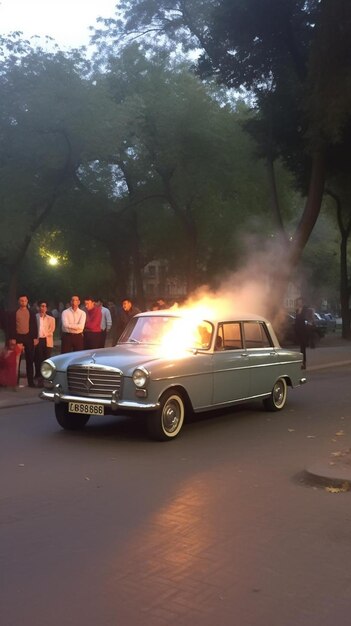 un coche en llamas en una calle de la ciudad