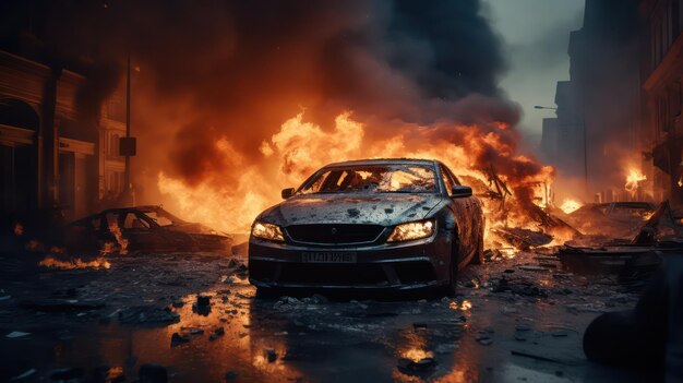 Coche en llamas en la ciudad durante el incendio de un coche