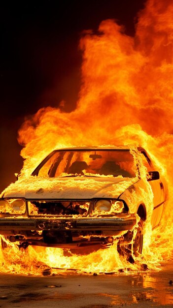Foto un coche está en llamas en un estacionamiento