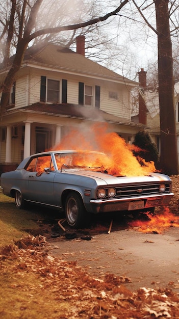 Foto un coche en llamas frente a una casa