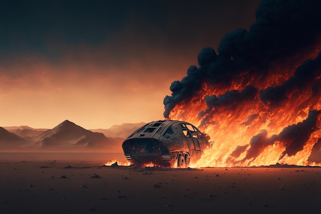 Un coche en llamas en medio de un desierto IA generativa