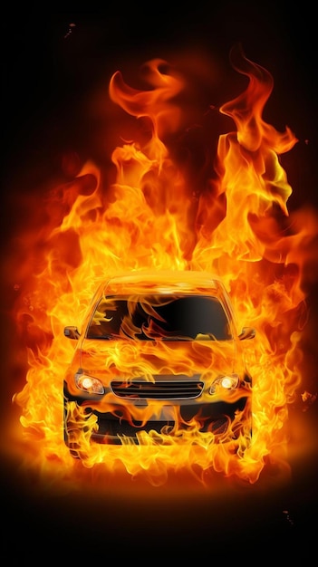 Foto un coche está en llamas en la oscuridad