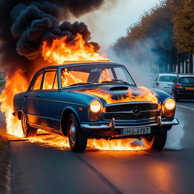 Foto el coche está en llamas.