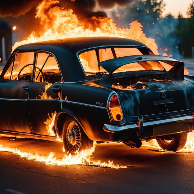 Foto el coche está en llamas.