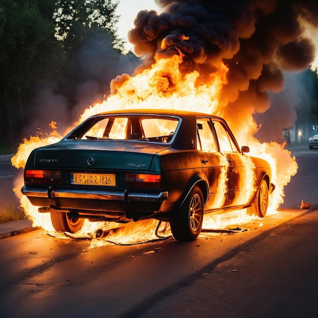 Foto el coche está en llamas.