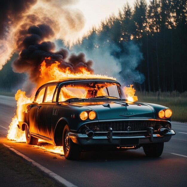 Foto el coche está en llamas.