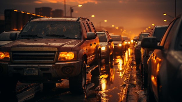 Coche bajo la lluvia en la calle de la ciudad en la noche generativa ai