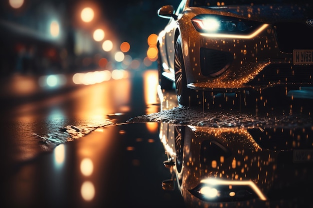 Coche bajo la lluvia por la noche IA generativa