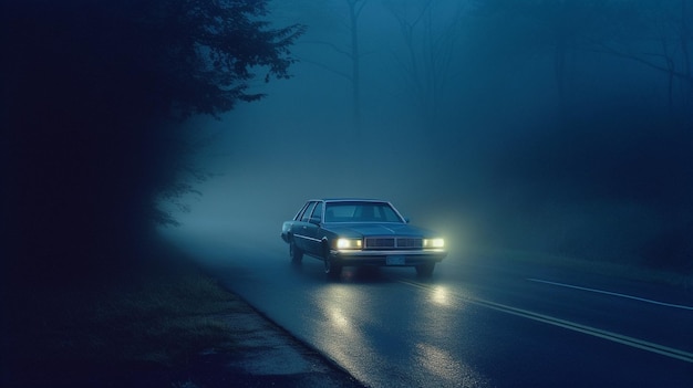 Un coche con las luces encendidas y los faros encendidos