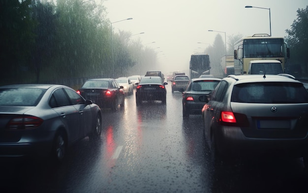 Un coche con las luces de freno encendidas bajo la lluvia