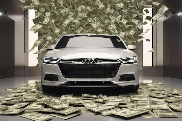 Coche de lujo blanco de ilustración 3 d en el fondo de los billetes de dólar