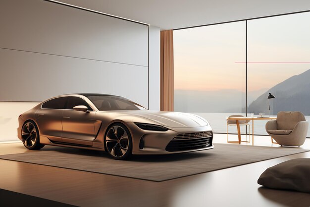 Un coche de lujo se encuentra dentro de una habitación con ventanas panorámicas con vistas a las montañas. Foto de alta calidad.