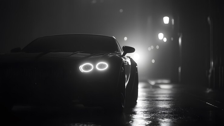 Un coche de lujo negro con los faros encendidos estacionado en una carretera mojada por la noche