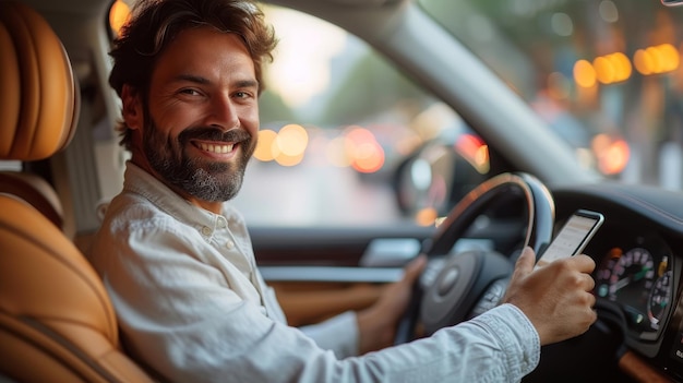 En un coche de lujo con la puerta abierta, un hombre feliz de Oriente Medio usa la aplicación de navegación en el teléfono buscando la mejor ruta a través de la aplicación de navigación de GPS móvil mientras posa con el gadget.