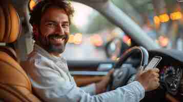 Foto en un coche de lujo con la puerta abierta, un hombre feliz de oriente medio usa la aplicación de navegación en el teléfono buscando la mejor ruta a través de la aplicación de navigación de gps móvil mientras posa con el gadget.