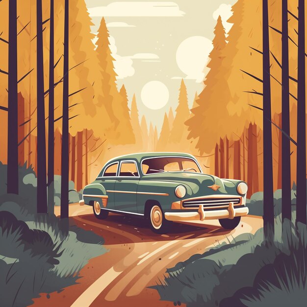 Coche en la madera Ilustración plana Tipo moderno