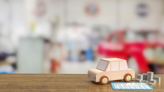 El coche de madera de juguete y la calculadora azul en la representación 3d de la mesa de madera