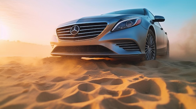 Un coche mercedes circulando por el desierto con la puesta de sol de fondo.