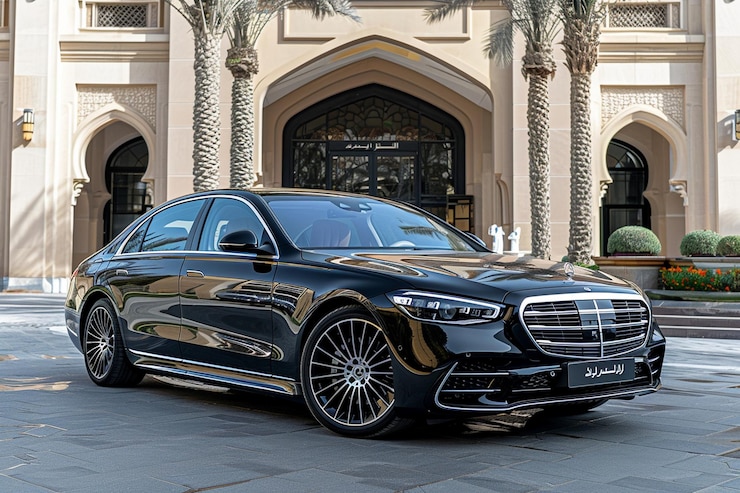 Foto un coche mercedes s450 2023 frente a una compañía de alquiler de coches en arabia saudita