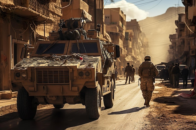 coche militar en un campo de refugiados