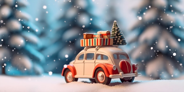 Coche en miniatura con árbol de navidad en el techo fondo de nieve de navidad