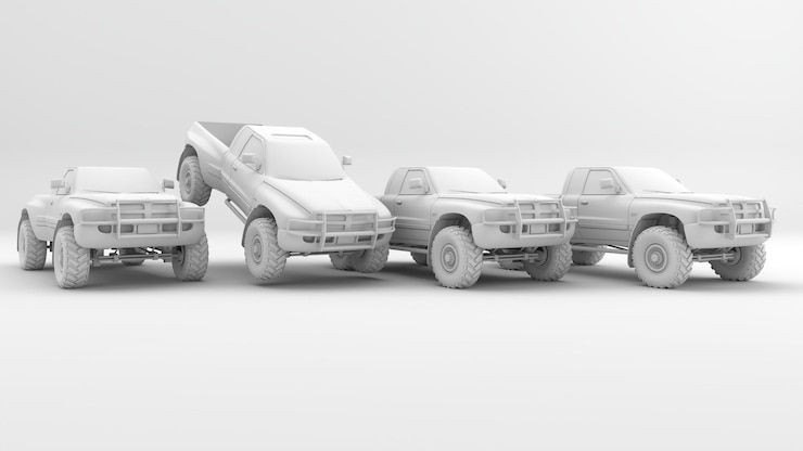 Foto un coche modelo 3d blanco con fondo blanco. idea para el diseño.