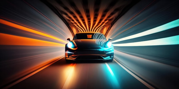 Un coche moderno acelerando a través de un túnel con luces de desenfoque de movimiento brillantes de neón Generativo ai