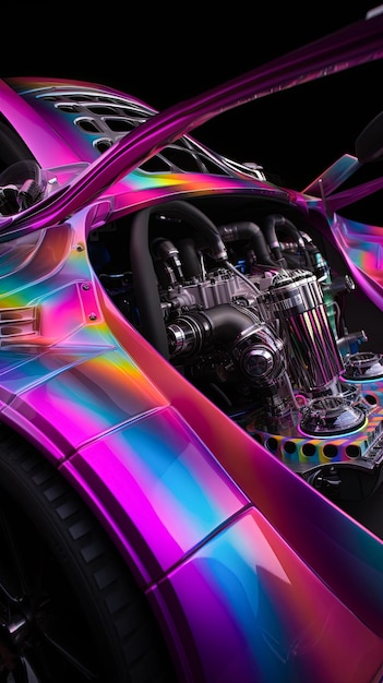 Un coche con un motor de color arco iris