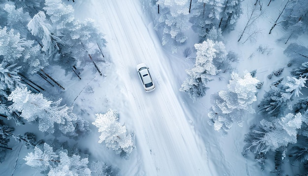 El coche se mueve a lo largo de un camino de bosque nevado