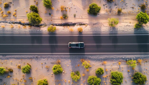 El coche se mueve a lo largo de una carretera de asfalto en la vista superior del desierto