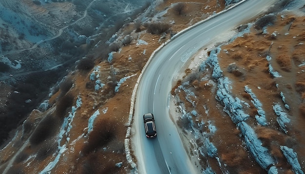 El coche se mueve a lo largo de la montaña serpentine carretera vista superior