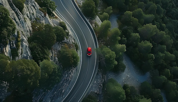 El coche se mueve a lo largo de la montaña serpentine carretera vista superior