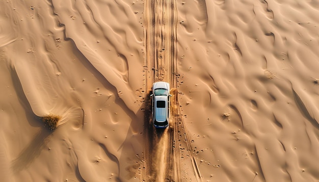 El coche se mueve a través de la arena profunda en el desierto vista superior