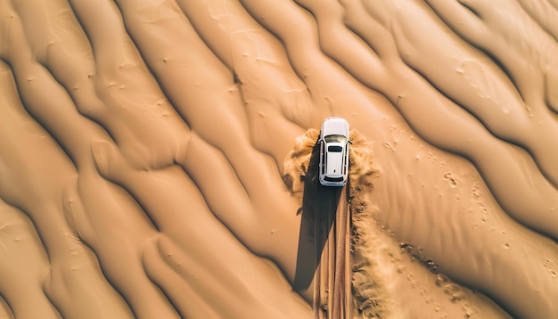 El coche se mueve a través de la arena profunda en el desierto vista superior