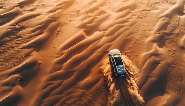 El coche se mueve a través de la arena profunda en el desierto vista superior