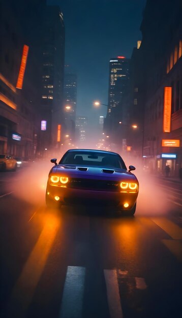 Foto coche de músculo clásico por la noche con luces de neón de la ciudad en el fondo 4k papel tapiz