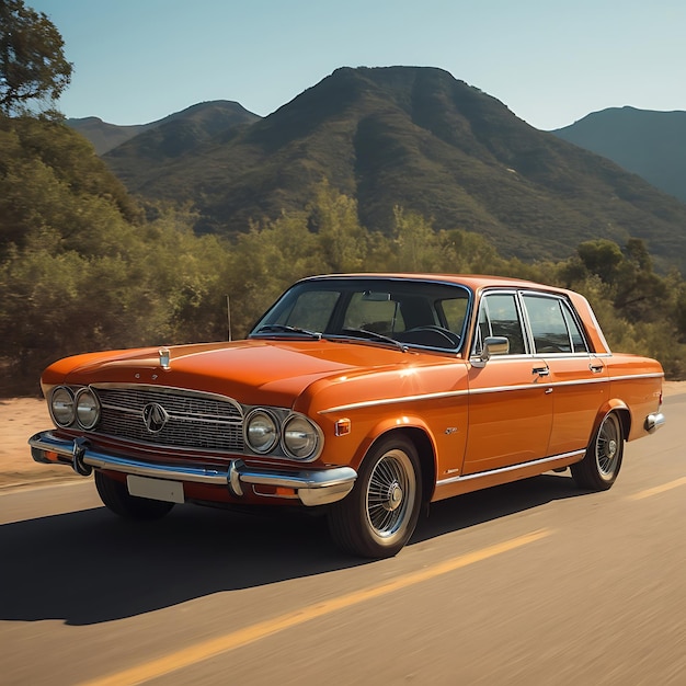 Foto un coche naranja está conduciendo por un camino con montañas en el fondo