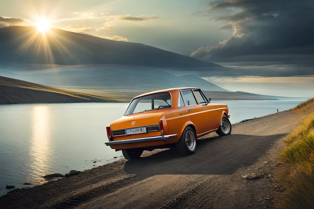 Un coche naranja con matrícula