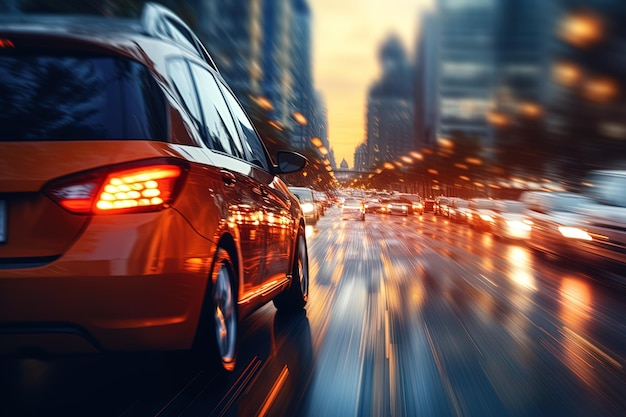 Coche naranja moviéndose a través de la rápida imagen trasera del tráfico de la ciudad