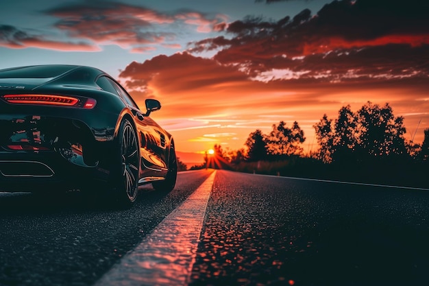 Foto coche negro en la carretera sol rojo por encima de las nubes del horizonte en el cielo