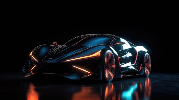 Un coche negro con un diseño futurista en la parte delantera.